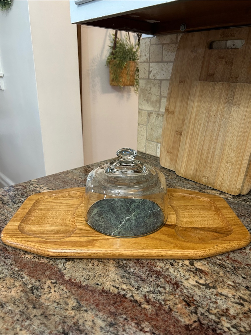 Cornwall Vintage Wood and Marble Cheese Serving Board w/Glass Dome - Natural Oak